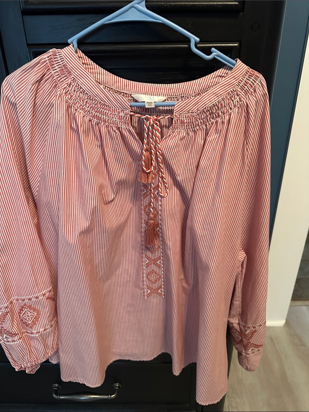 Time and Tru Pink Striped Peasant Tunic with Embroidered Tassel Tie